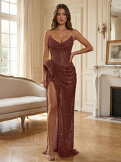 Champagne Gold Crystal-Embellished Corset Long Prom Dress with Slit