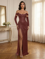 Glamorous Sequined Off-Shoulder Corset Bodice Long Prom Dress with High Slit