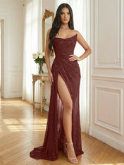 Red Sequin Strapless Ruched Long Prom Dress with High Slit