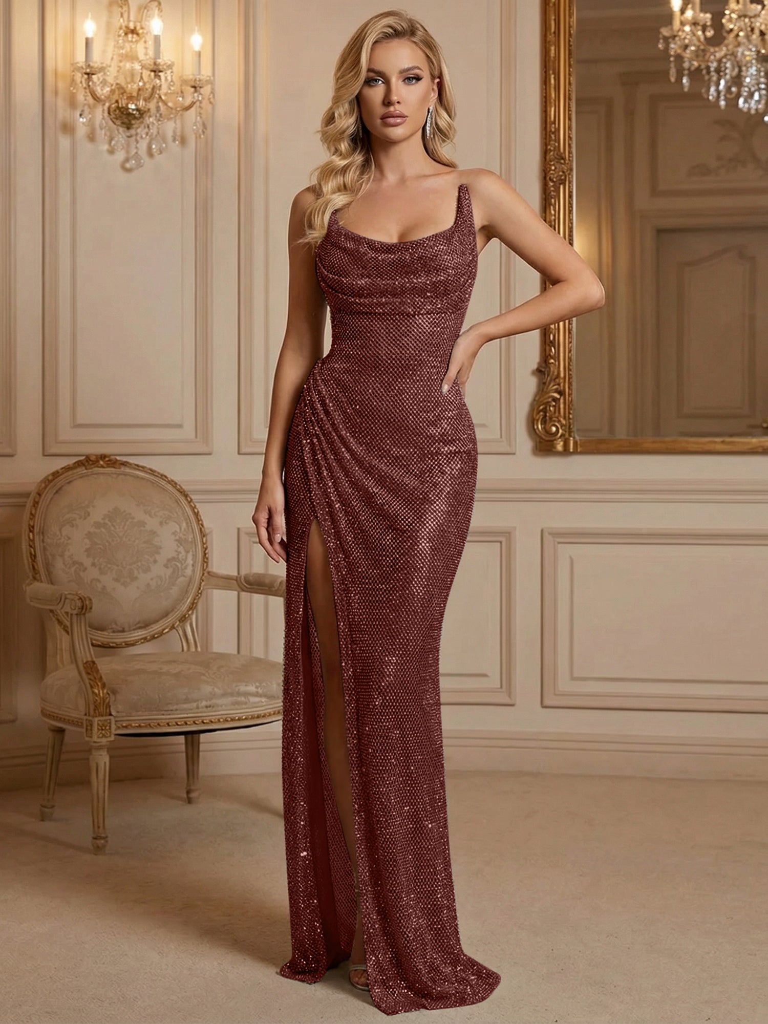 Silver Sequin Cowl Neck Ruched Long Prom Dress with High Slit