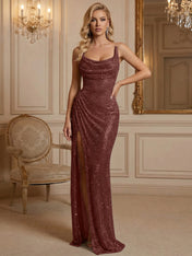 Silver Sequin Cowl Neck Ruched Long Prom Dress with High Slit