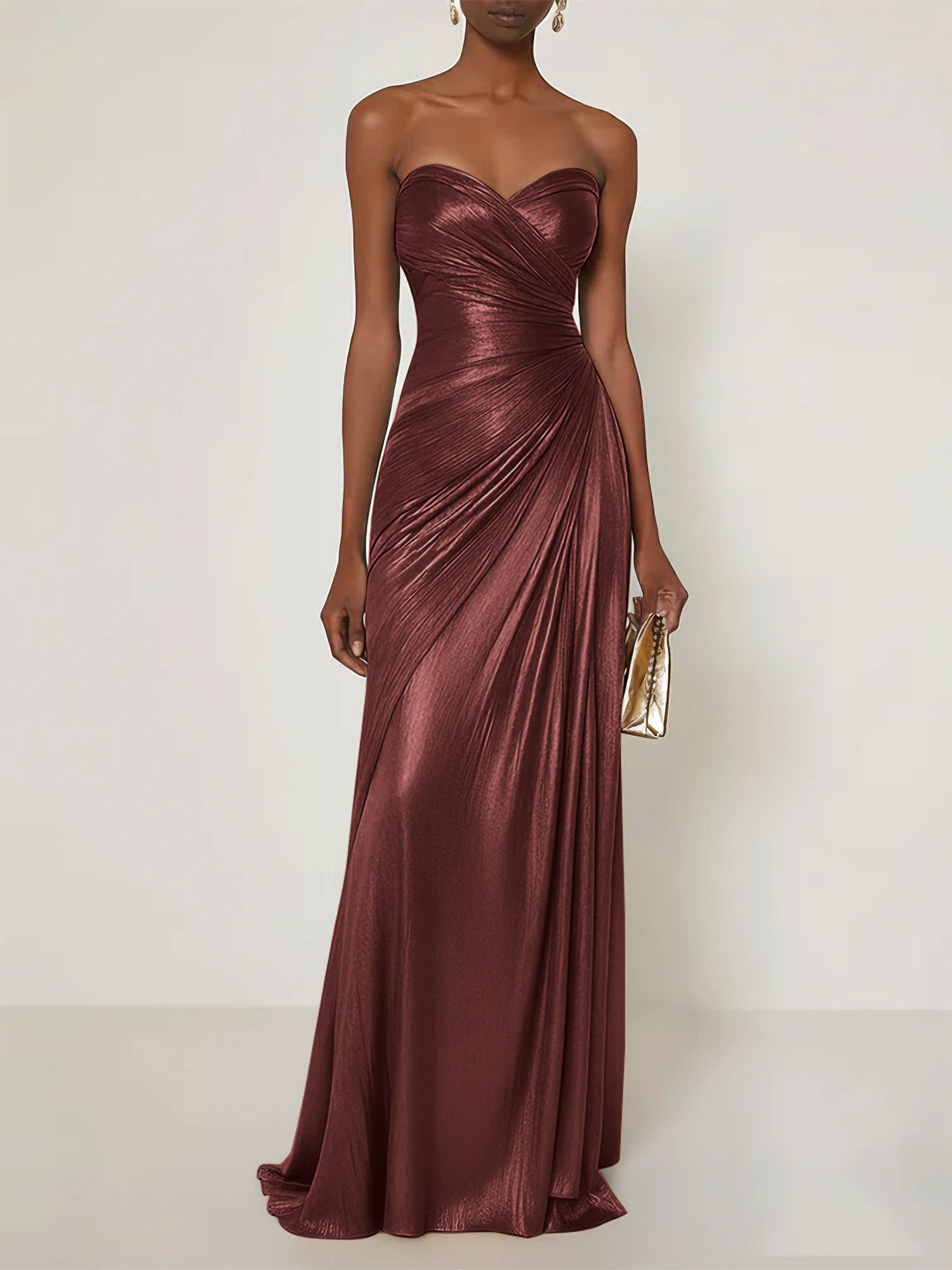 Evening Formal Dress V Neck Silver Silk Ruffles Strapless Maxi Dress