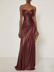 Evening Formal Dress V Neck Silver Silk Ruffles Strapless Maxi Dress