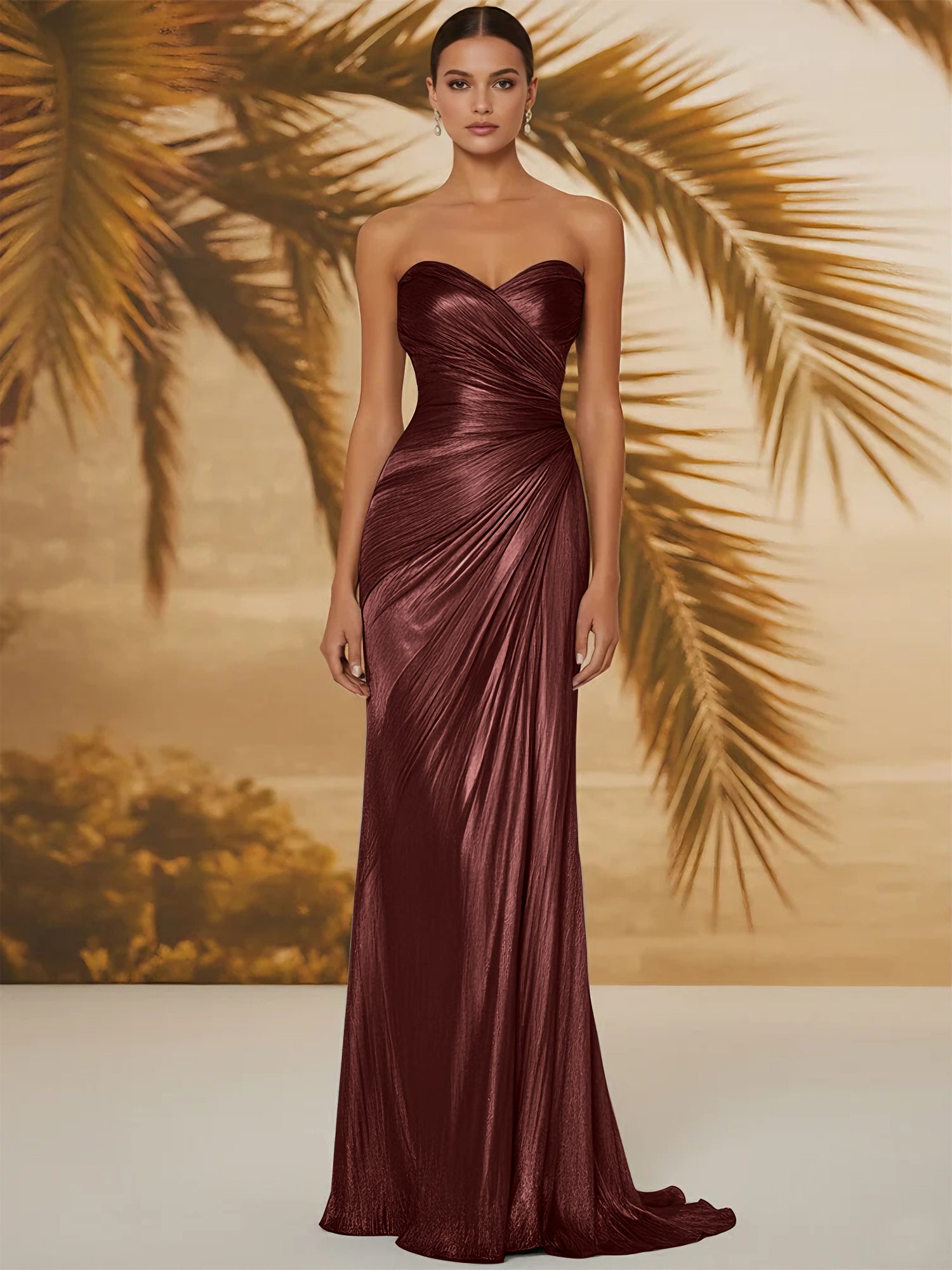 Evening Formal Dress V Neck Silk Ruffles Strapless Maxi Dress