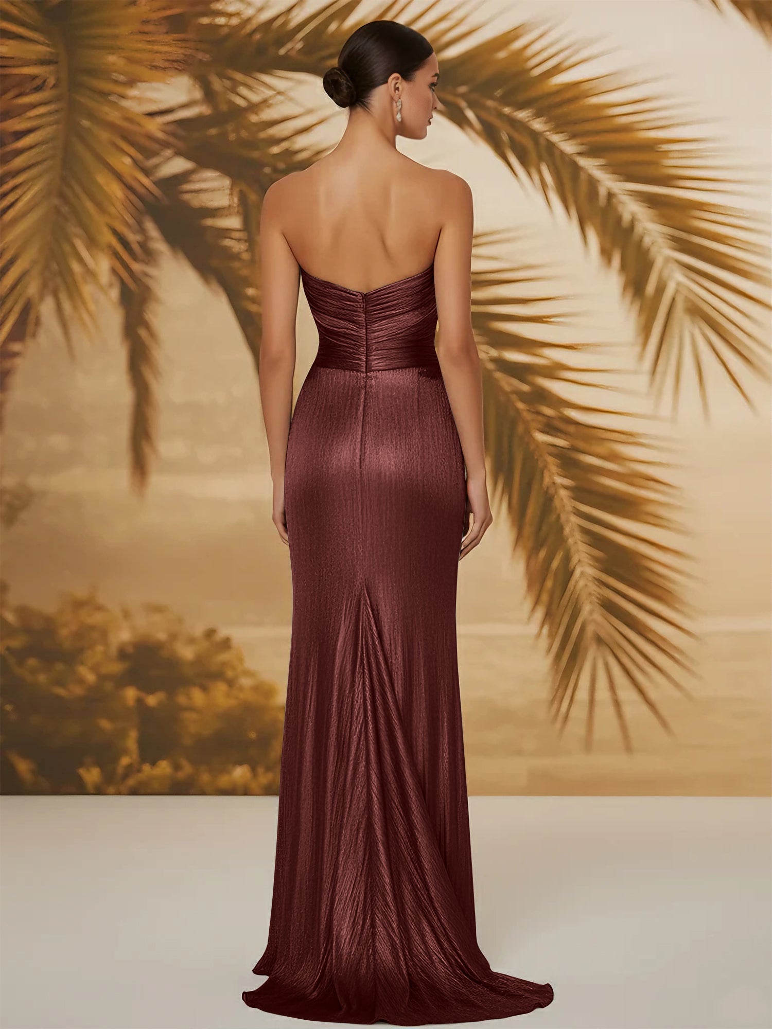 Evening Formal Dress V Neck Silk Ruffles Strapless Maxi Dress