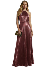 Luxurious Champagne-Gold Pleated Halter Long Prom Dress