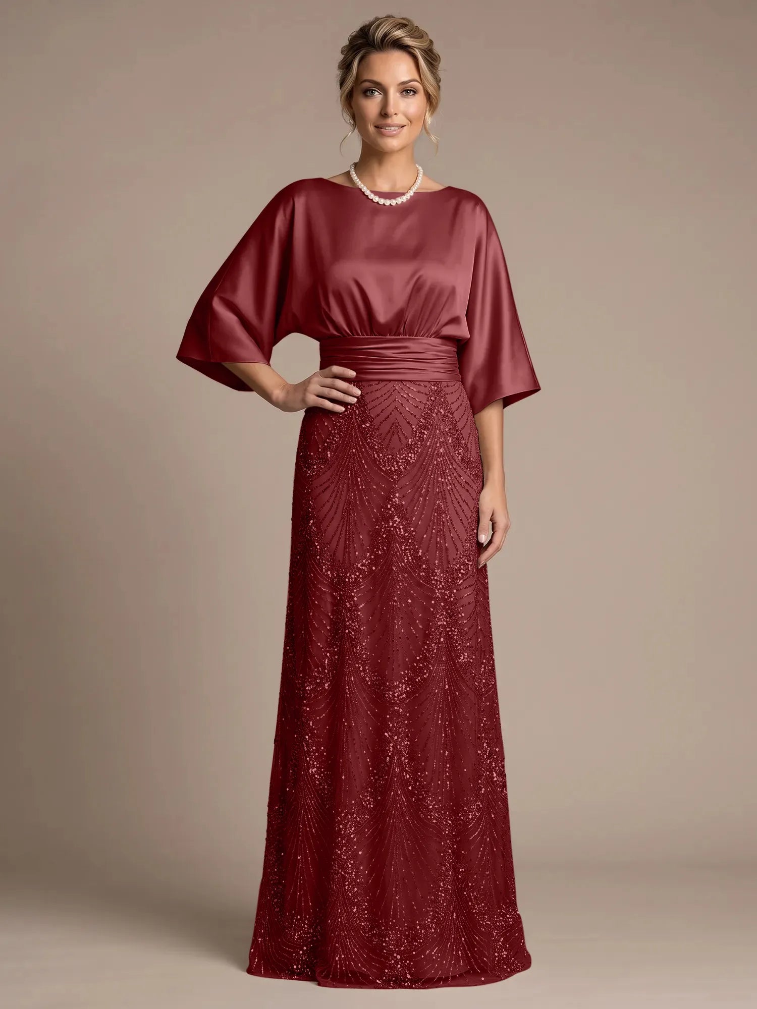 Bateau Neck Satin Evening Gown with 3/4 Batwing Sleeves Mother of The Bride Dresses