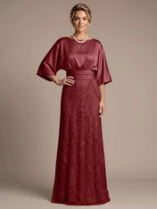 Bateau Neck Satin Evening Gown with 3/4 Batwing Sleeves Mother of The Bride Dresses