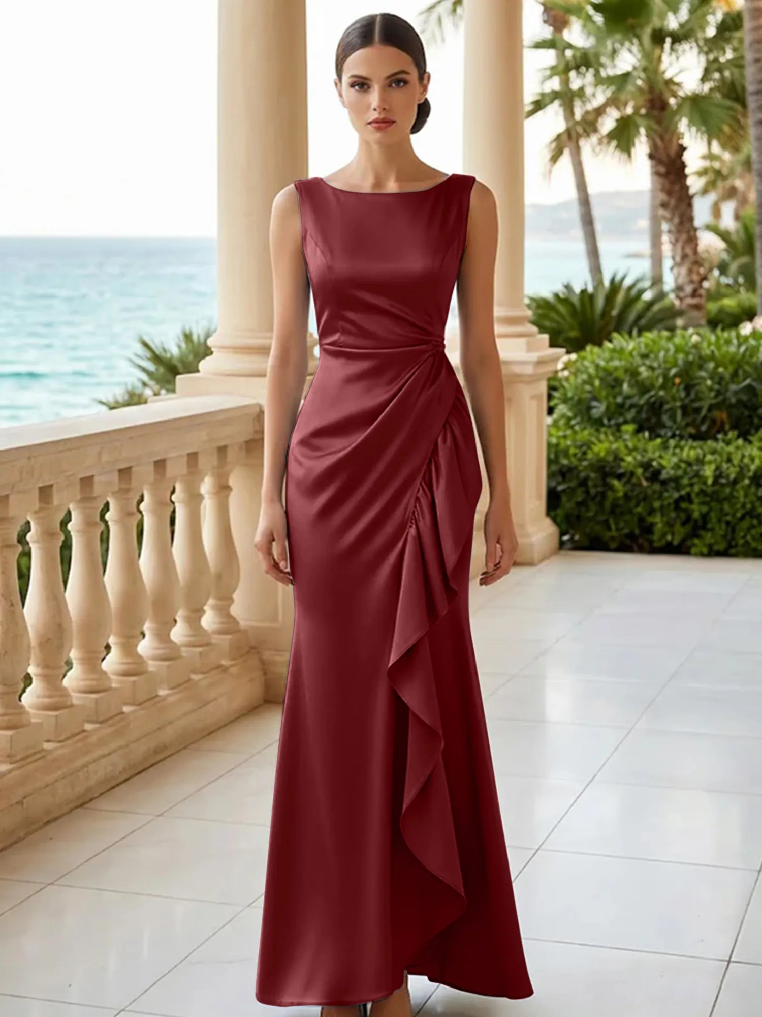 Dusty Blue Scoop Neck Evening Dress with Ruffle Mermaid Maxi Dress