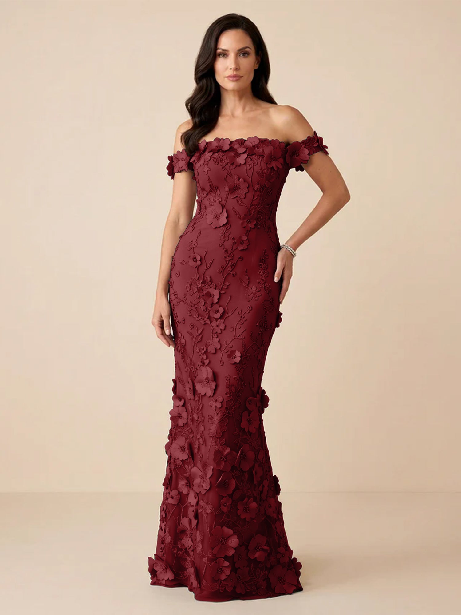 Black Off-the-Shoulder 3D Floral Mermaid Formal Gown Evening Dress