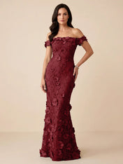 Black Off-the-Shoulder 3D Floral Mermaid Formal Gown Evening Dress