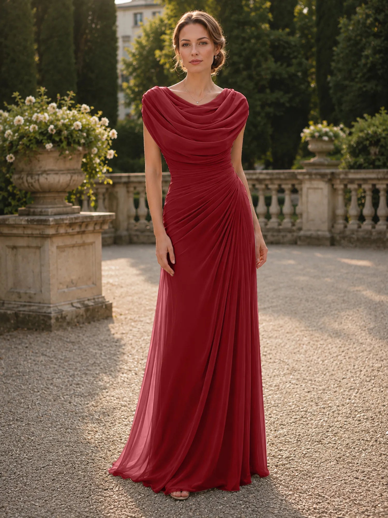 Cowl Neck Mermaid Evening Dresses with Flowing Floor-Length Skirt