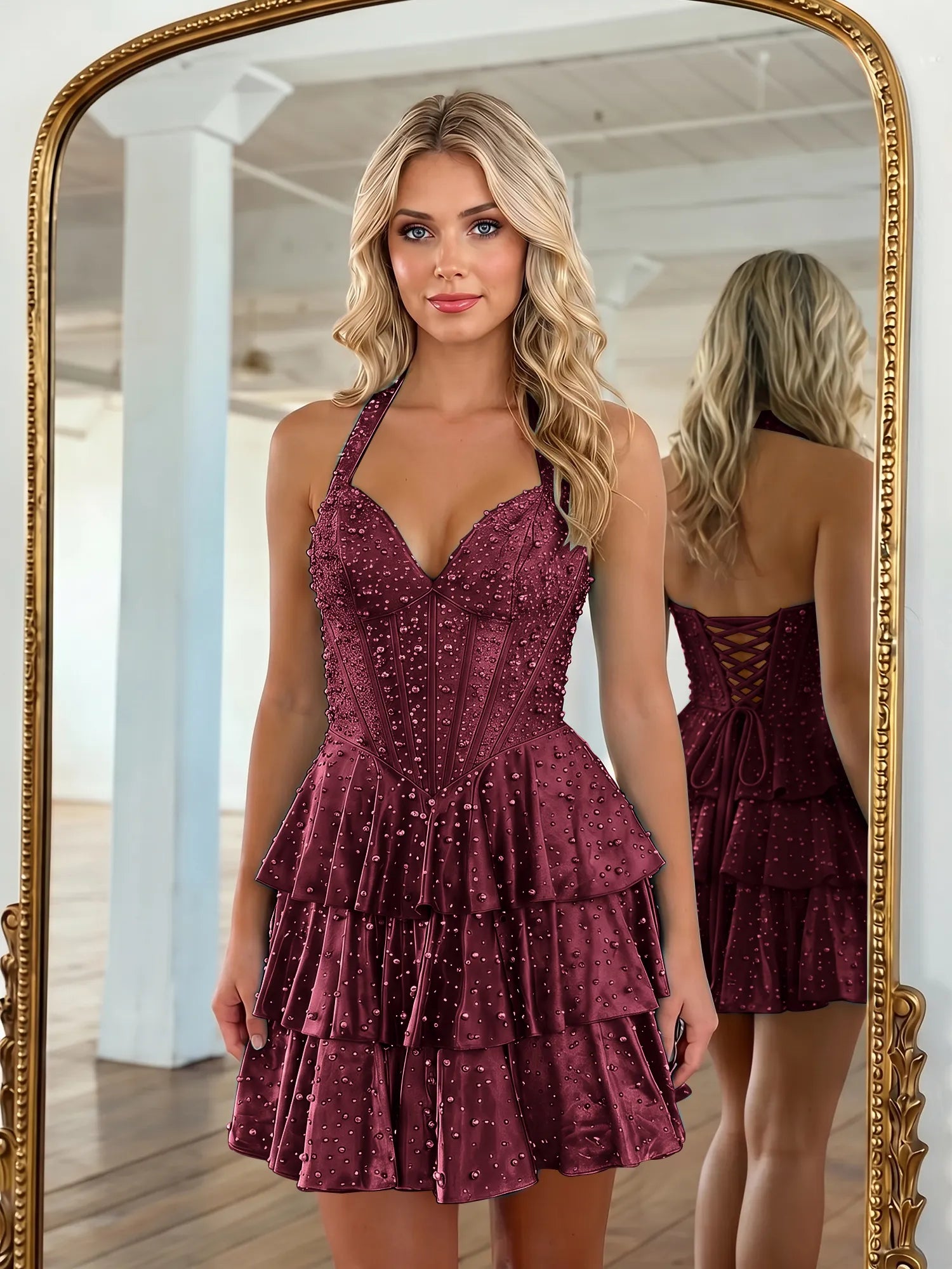 Halter Neck Pearl Beaded Tiered Short Homecoming Dresses