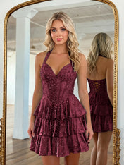 Halter Neck Pearl Beaded Tiered Short Homecoming Dresses