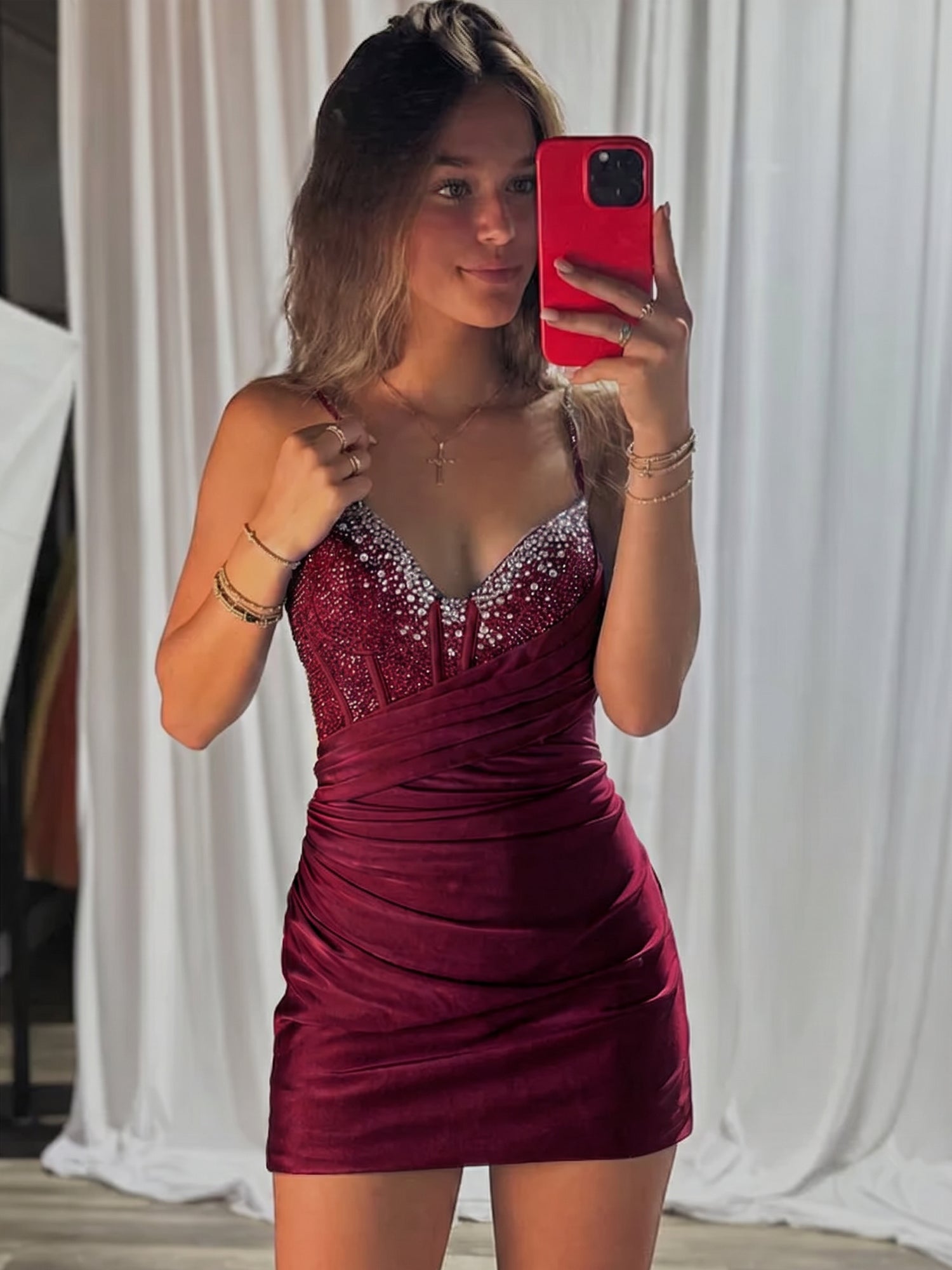 Beaded V Neck Corset Bodice Homecoming Dress