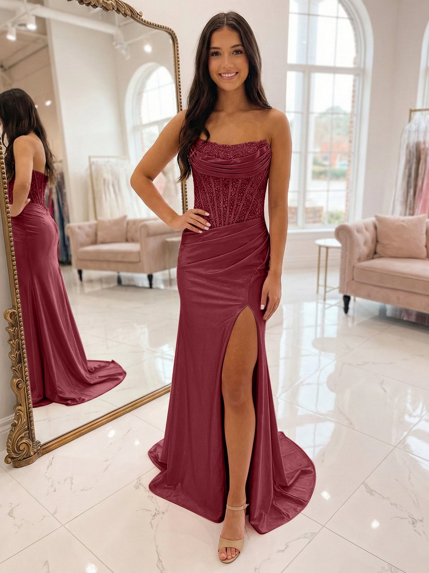 Romantic Pink Satin Corset Slit Prom Dress with Beaded Bodice