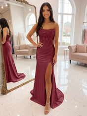 Romantic Pink Satin Corset Slit Prom Dress with Beaded Bodice