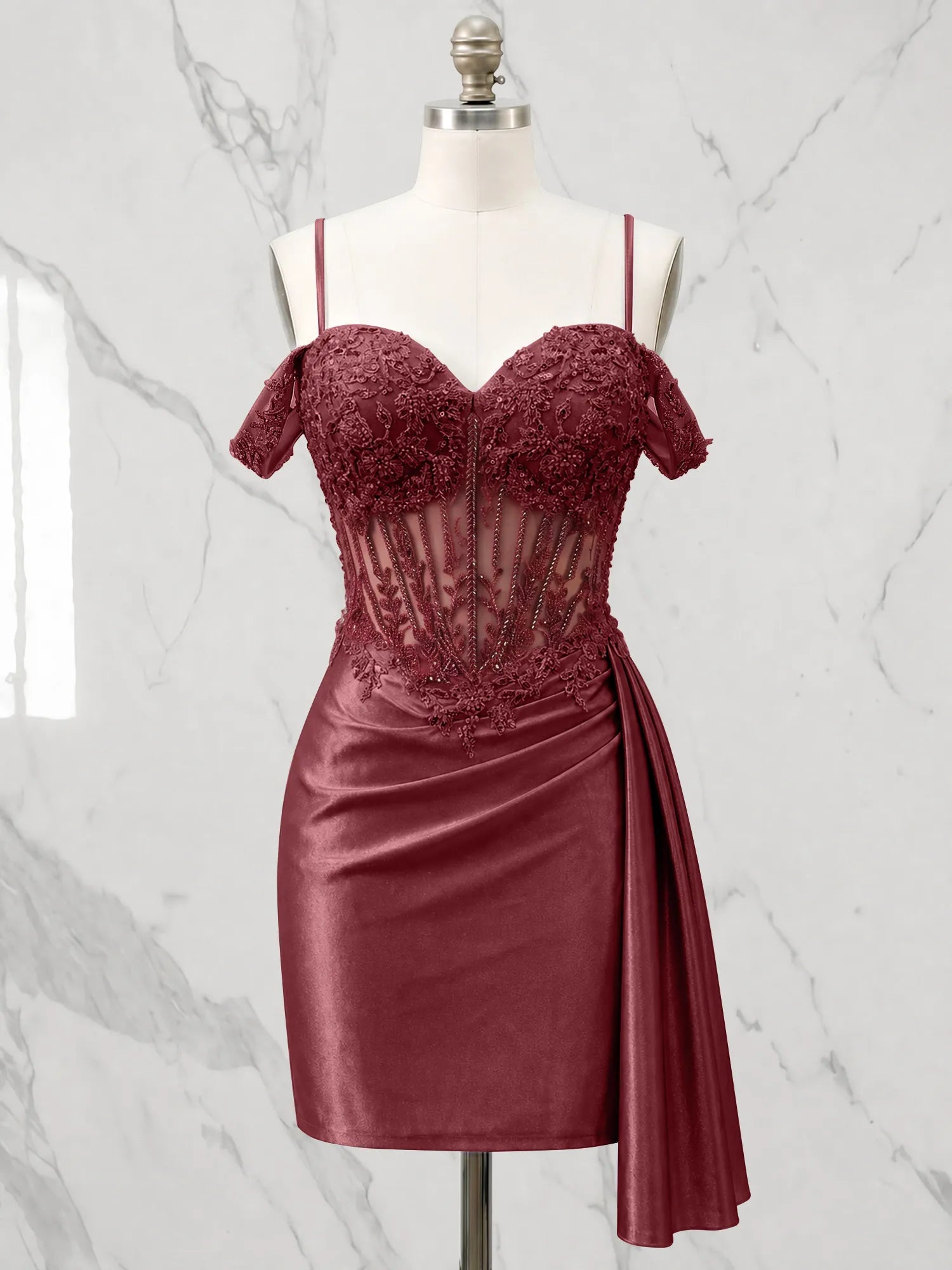 Sweetheart Sheer Corset Mini Dress with Cascading Side Drape Homecoming Dresses