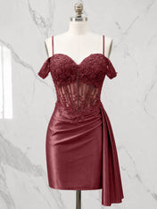 Sweetheart Sheer Corset Mini Dress with Cascading Side Drape Homecoming Dresses