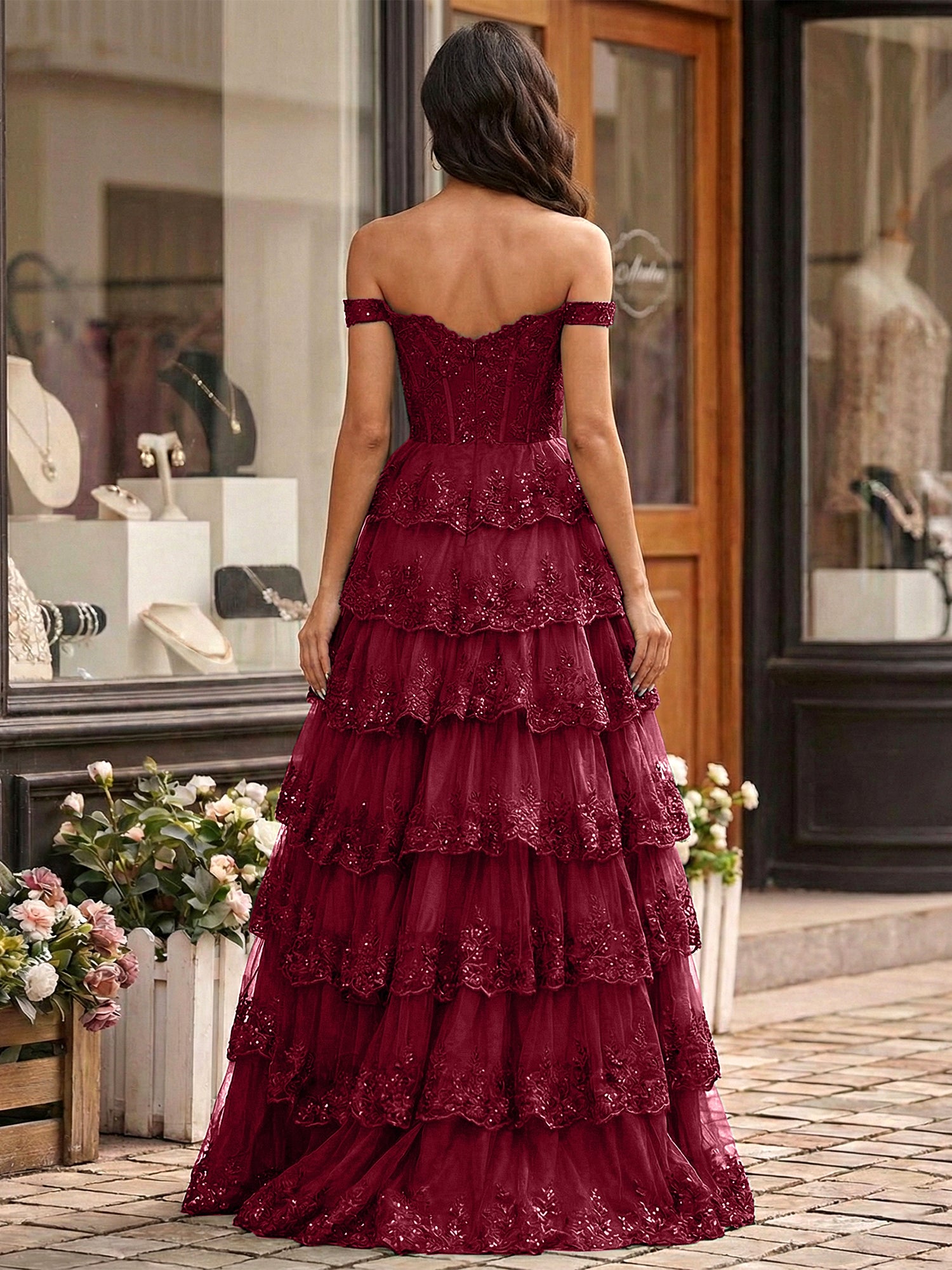 Emerald Green Lace Corset Tiered Ruffle Long Prom Dress with Slit