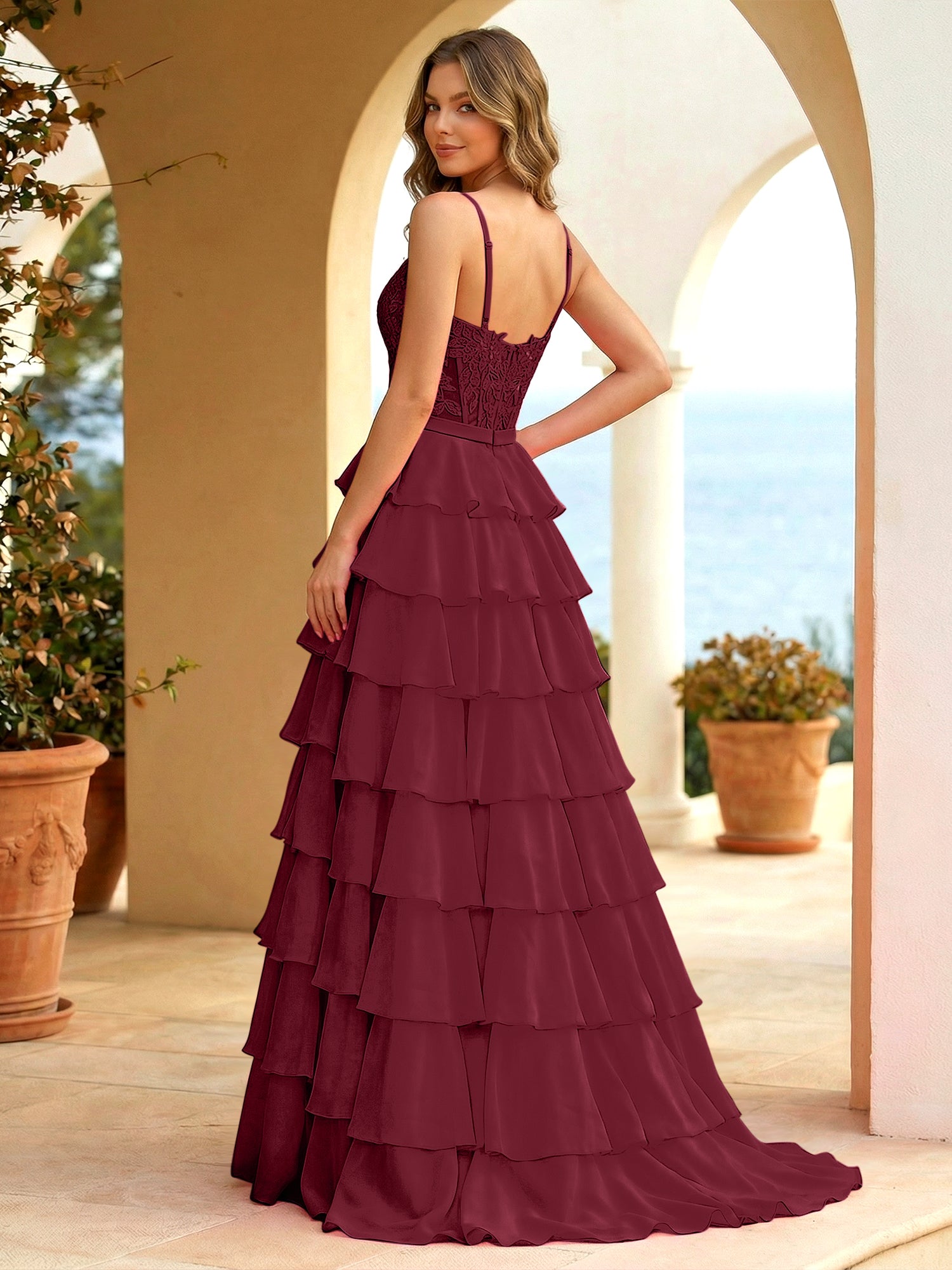 Pink Lace Corset Tiered Ruffle Long Prom Dress