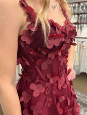 Burgundy 3D Floral Appliqué Corset Prom Dress with Slit