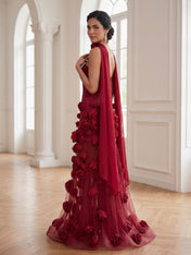 Burgundy 3D Floral Illusion Evening Maxi Gown with Choker
