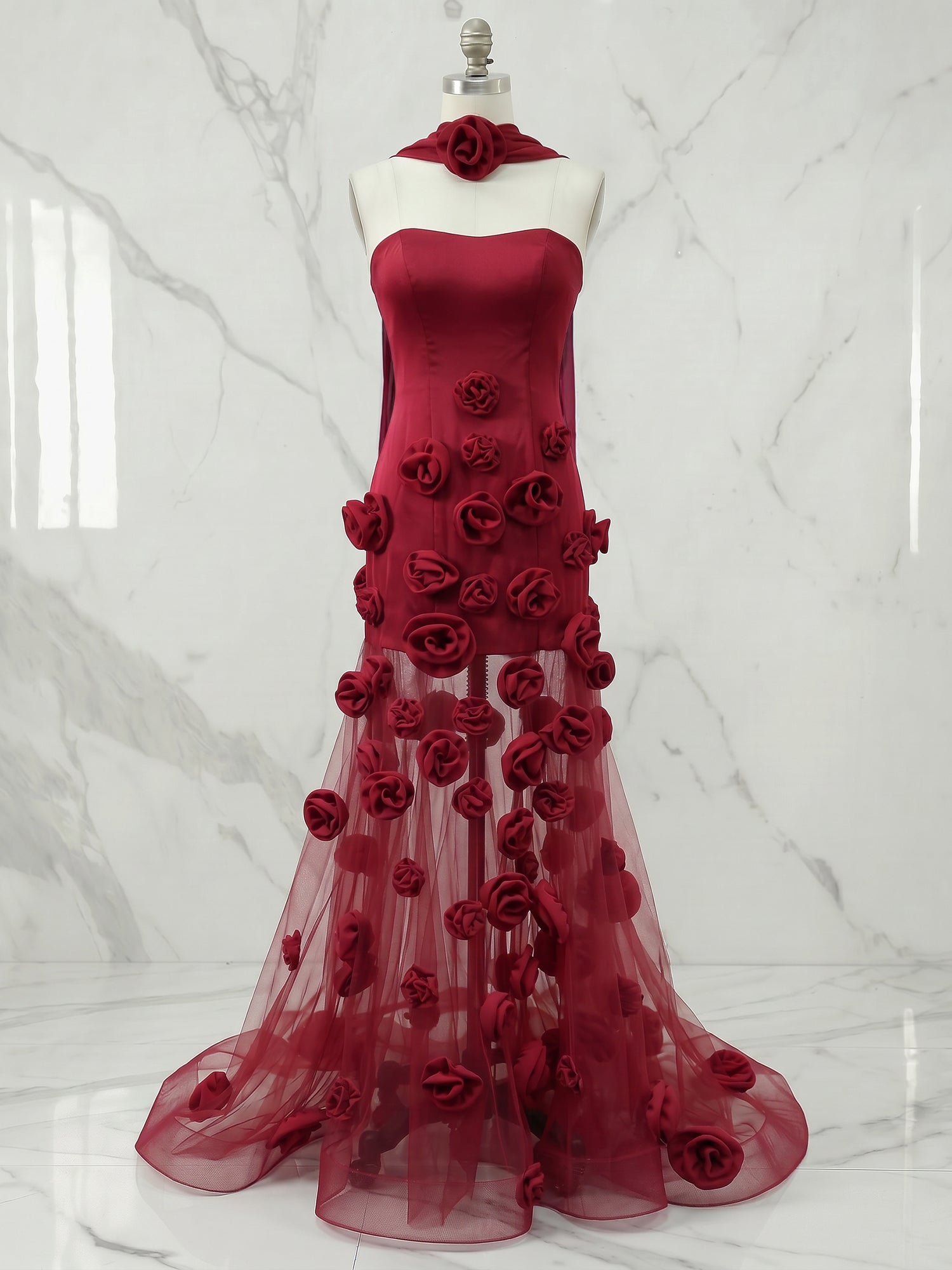 Burgundy 3D Floral Illusion Evening Maxi Gown with Choker