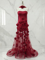 Burgundy 3D Floral Illusion Evening Maxi Gown with Choker
