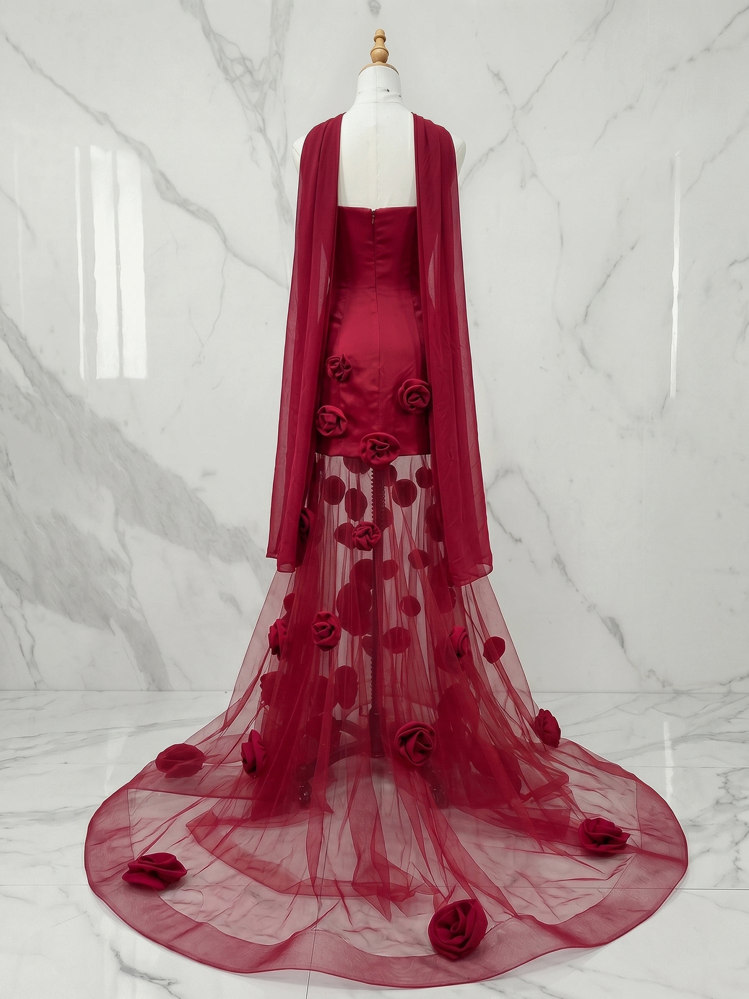 Burgundy 3D Floral Illusion Evening Maxi Gown with Choker