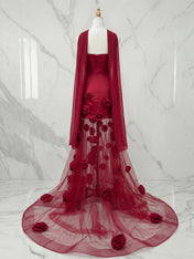 Burgundy 3D Floral Illusion Evening Maxi Gown with Choker