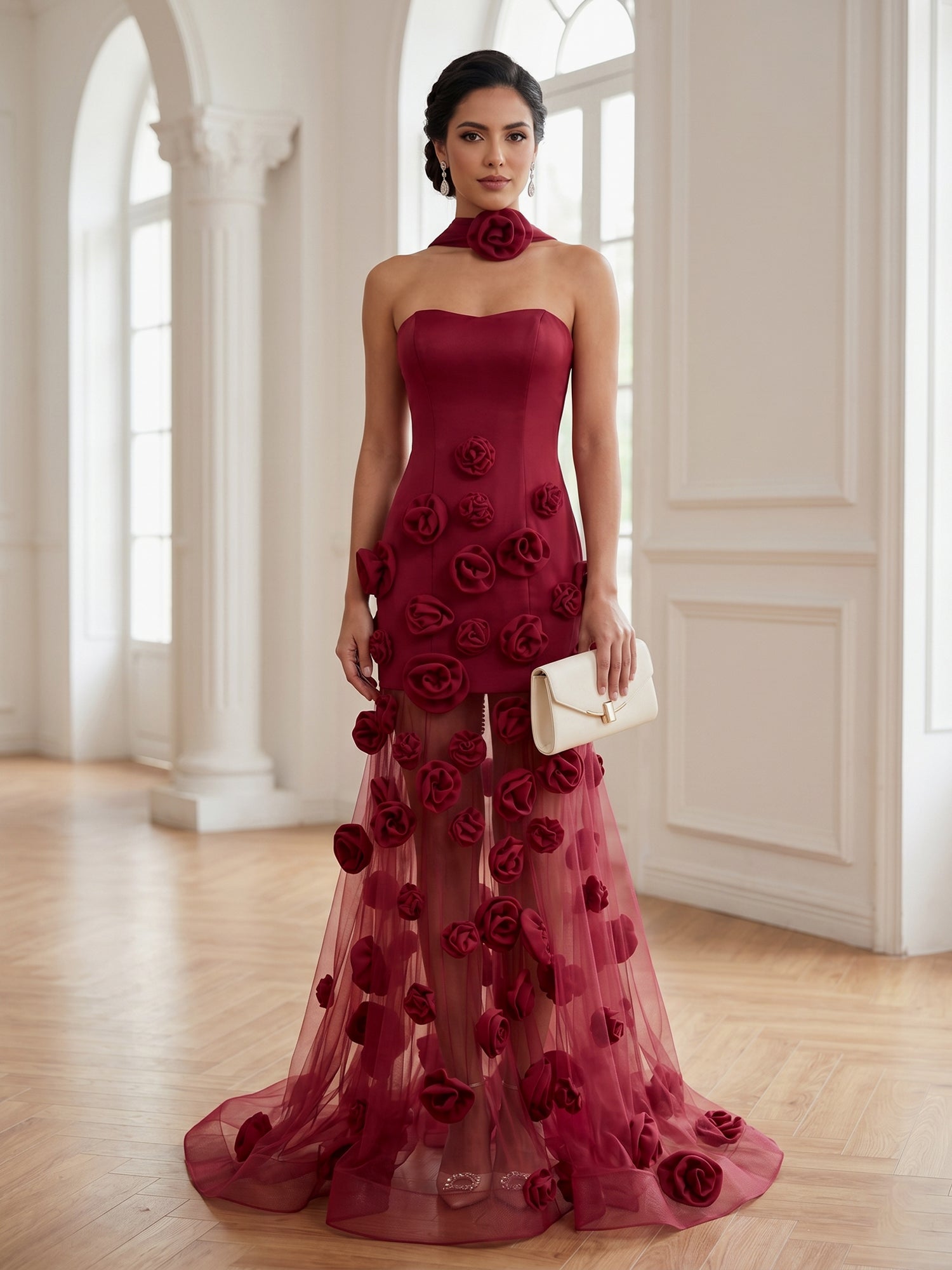Burgundy 3D Floral Illusion Evening Maxi Gown with Choker