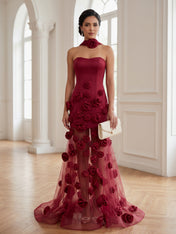 Burgundy 3D Floral Illusion Evening Maxi Gown with Choker