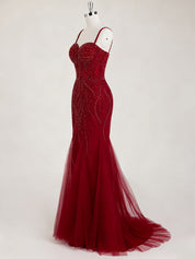 Burgundy Beaded Mermaid Tulle Prom Dress with Sheer Corset