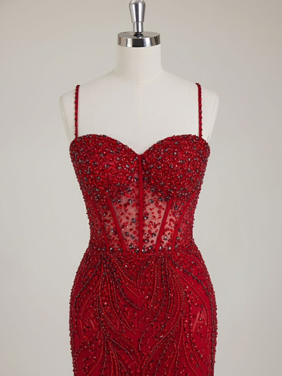 Burgundy Beaded Mermaid Tulle Prom Dress with Sheer Corset