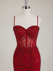 Burgundy Beaded Mermaid Tulle Prom Dress with Sheer Corset