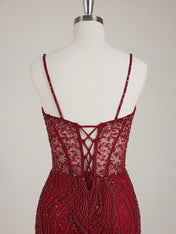 Burgundy Beaded Mermaid Tulle Prom Dress with Sheer Corset