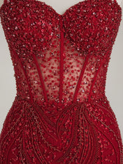 Burgundy Beaded Mermaid Tulle Prom Dress with Sheer Corset