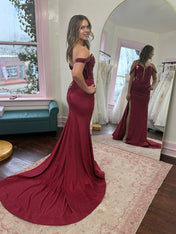 Burgundy Off-the-Shoulder Mermaid Prom Dress with Slit