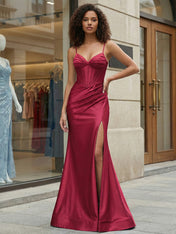 Burgundy Satin Corset Draped Long Prom Dress with Slit