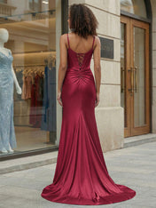 Burgundy Satin Corset Draped Long Prom Dress with Slit