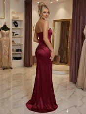 Burgundy Satin Corset Rhinestone Trim Floor-Length Prom Dress with Thigh Slit