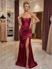 Burgundy Satin Corset Rhinestone Trim Floor-Length Prom Dress with Thigh Slit