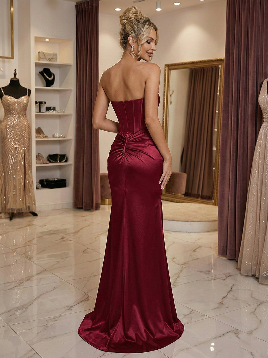 Burgundy Satin Corset Rhinestone Trim Floor-Length Prom Dress with Thigh Slit