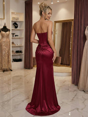 Burgundy Satin Corset Rhinestone Trim Floor-Length Prom Dress with Thigh Slit