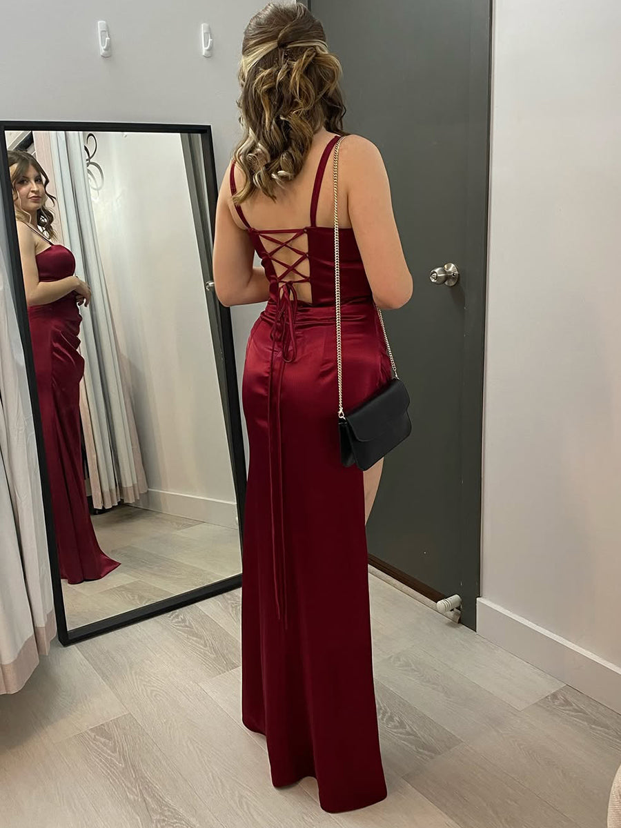 Burgundy Satin Spaghetti Strap Ruched Prom Dress with High Slit