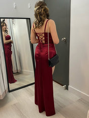 Burgundy Satin Spaghetti Strap Ruched Prom Dress with High Slit
