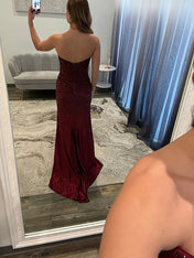 Burgundy Sparkly Cowl Neckline Corset Prom Dress with Slit