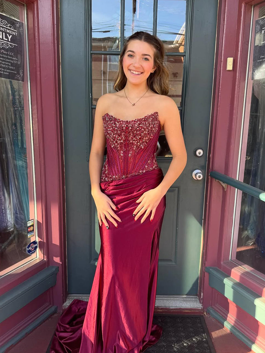 Dreamylily Prom Dress Burgundy Strapless Satin Beaded Corset Ruched