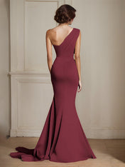 Elegant Khaki One Shouder Mermaid Ruched Long Satin Formal Dress